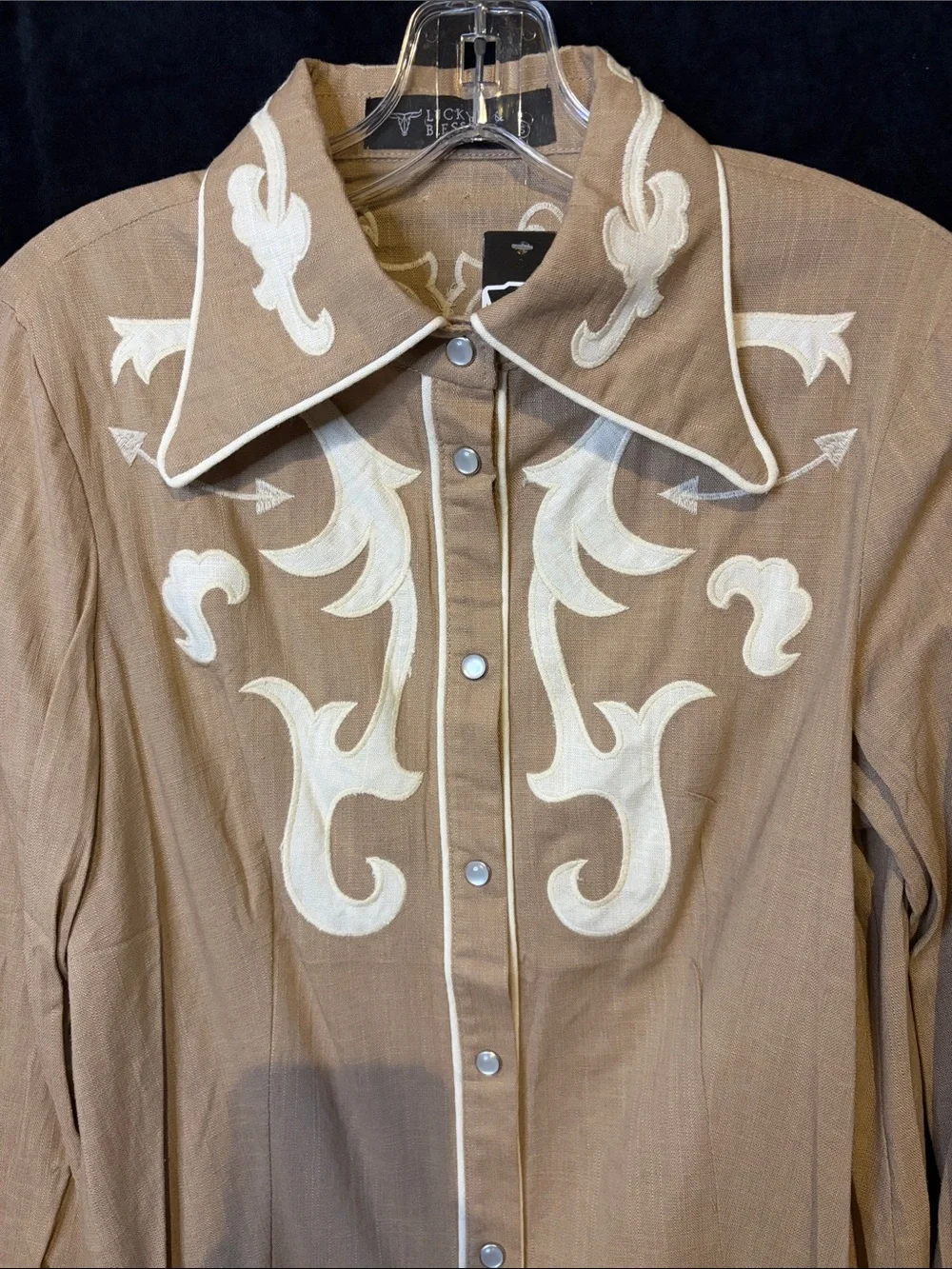 Lucky & Blessed Tan Top with White Swirl Embroidery. 19 p2p - Picture 2 of 6